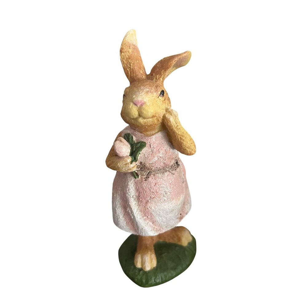Hand-Painted Resin Bunny Figurine In Pink Dress Holding Flower